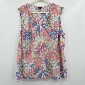 Women's Blouse Talbots 3X Pink Resort Wear Vacation L Palm Birds Novelty Print